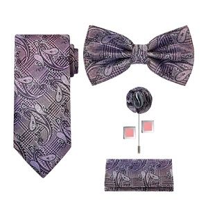 Mens 5pc Paisley Neck Tie Bow Lapel Cuff Links Set